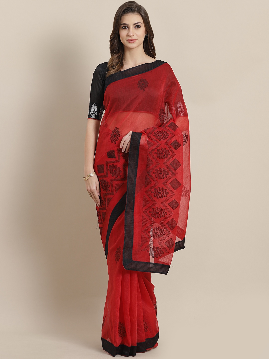 

Chhabra 555 Maroon & Black Kutchi Embroidered Chanderi Saree