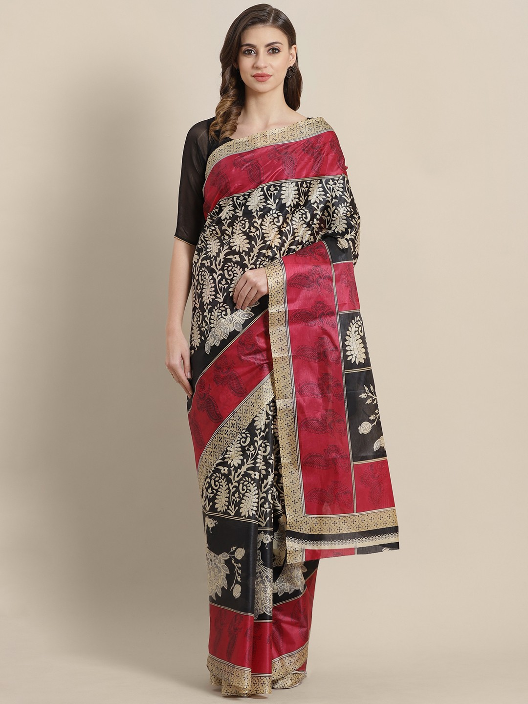 

Chhabra 555 Black & Beige Art Silk Printed Tussar Saree
