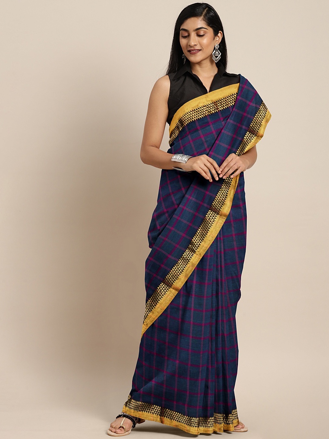 

Pavechas Navy Blue & Purple Pure Cotton Checked Venkatgiri Saree