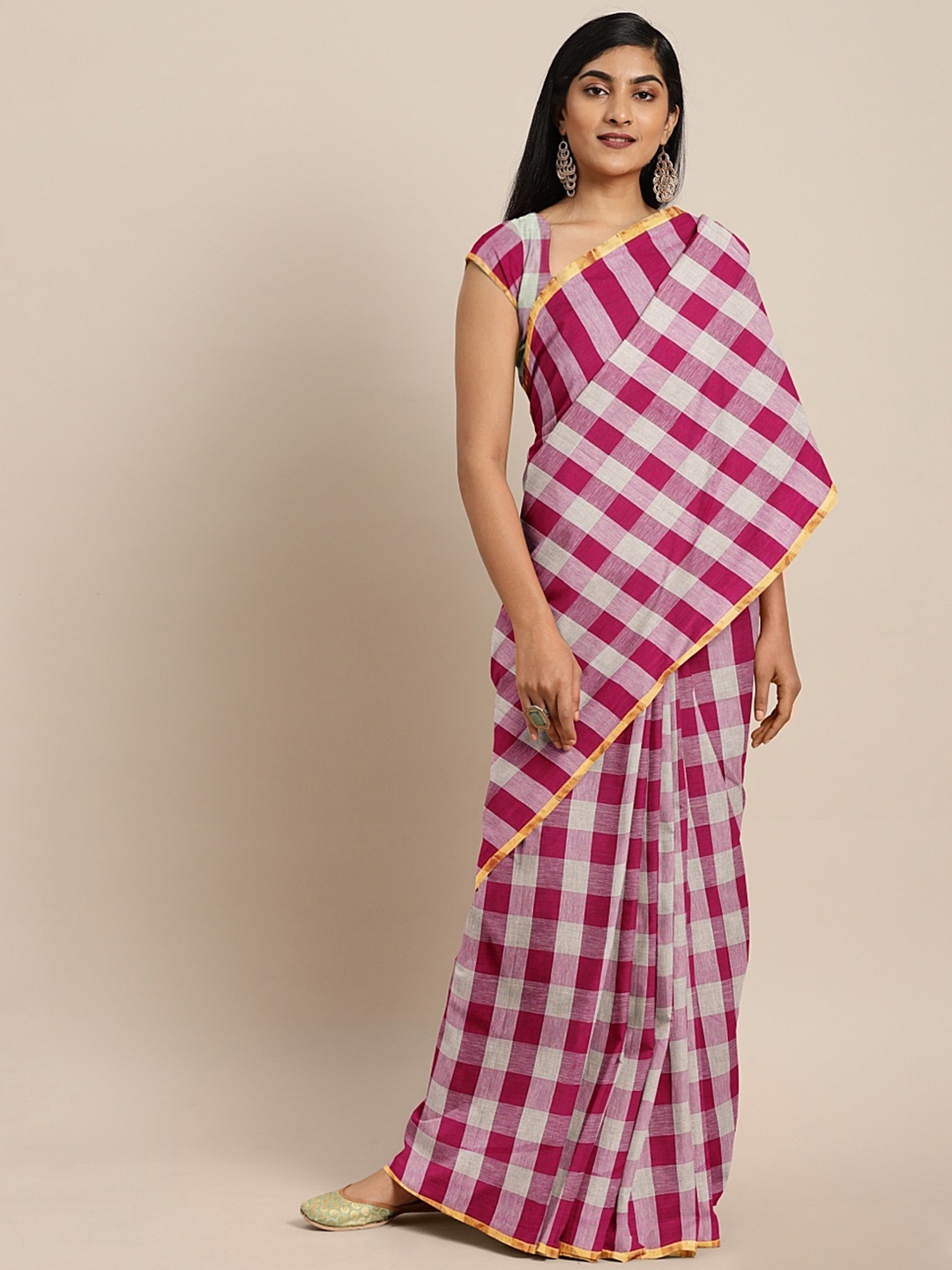 

Pavechas Pink & White Pure Cotton Checked Venkatgiri Saree