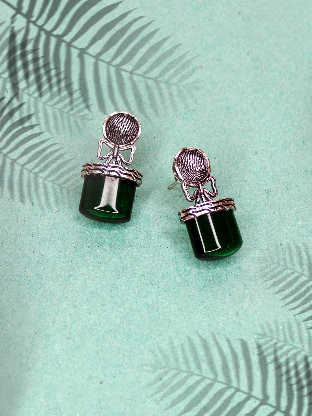 

AccessHer Silver-Plated & Green Emerald Oxidised Contemporary Drop Earrings