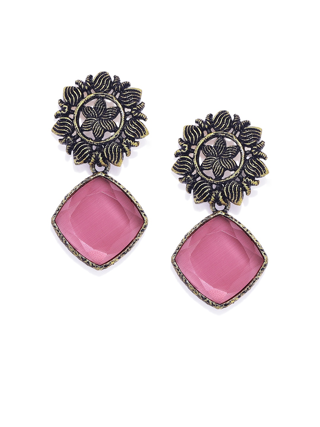 

AccessHer Brass-Plated & Pink Studded Geometric Drop Earrings, Gold