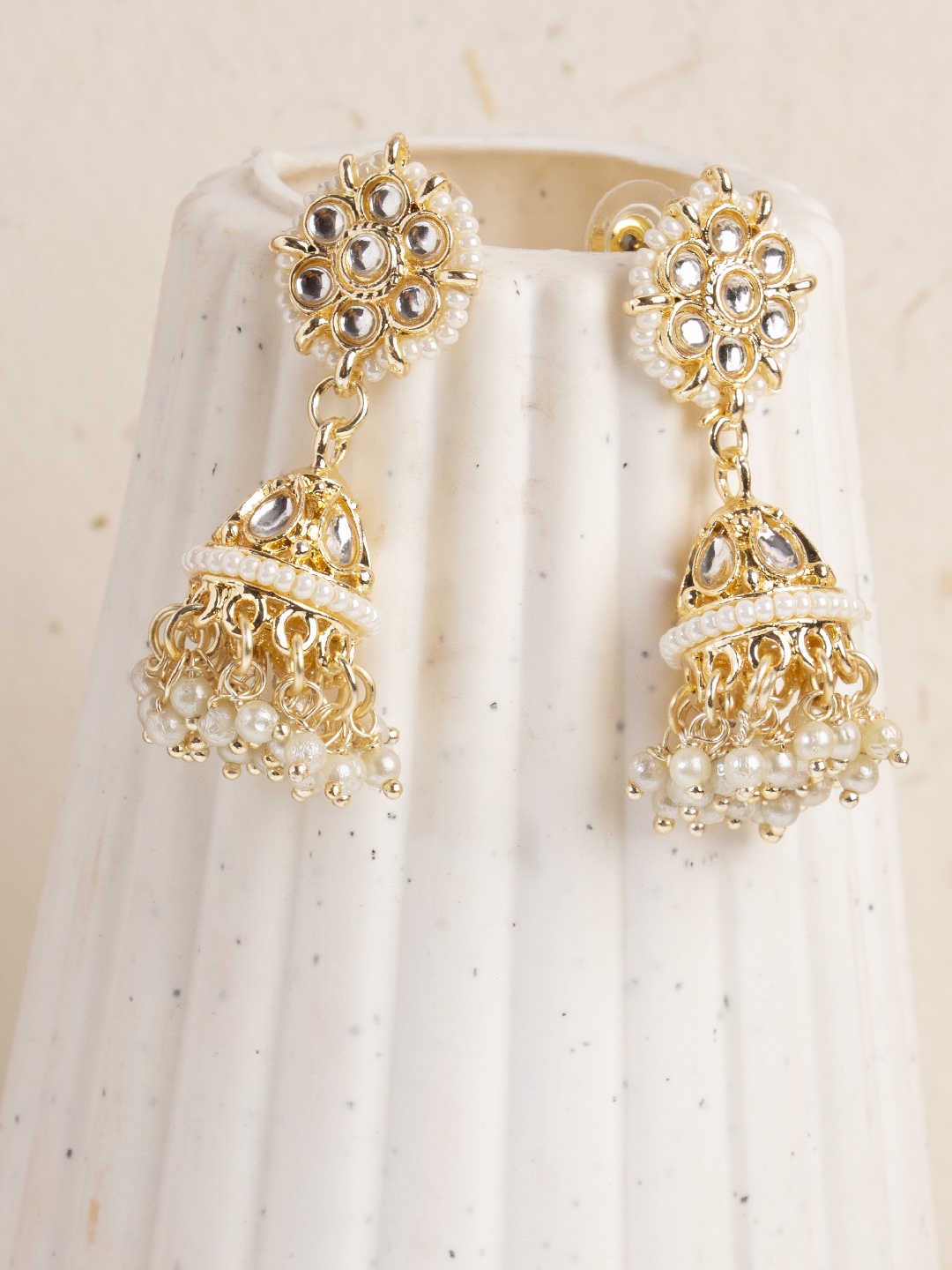

AccessHer White & Gold-Toned Oxidised Dome Shaped Jhumkas