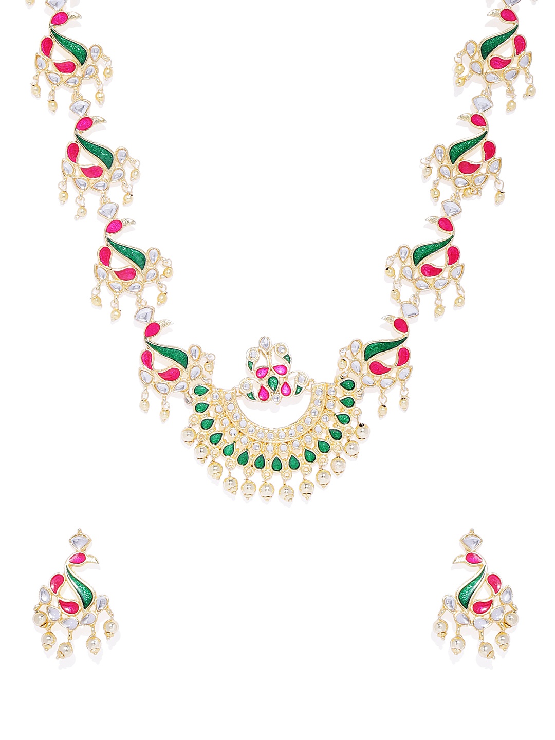 

AccessHer Green & Pink Kundan Studded Gold-Plated Meenakari Jewellery Set