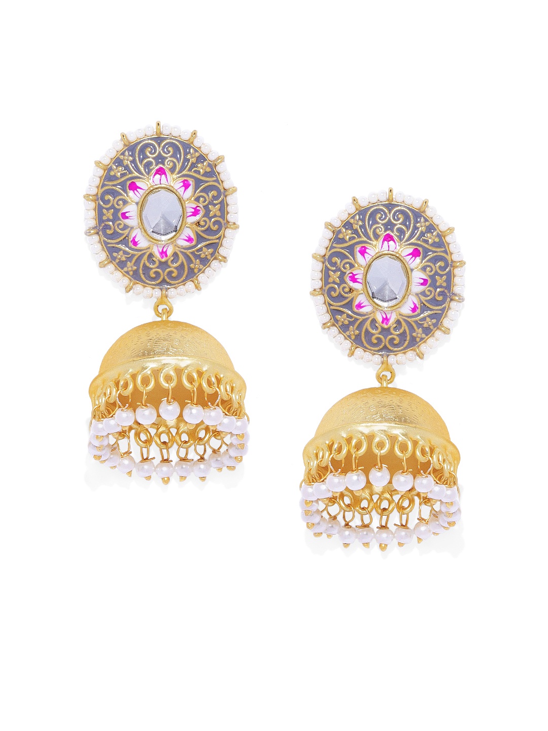 

AccessHer Gold-Toned & Grey EnamelledDome Shaped Jhumkas