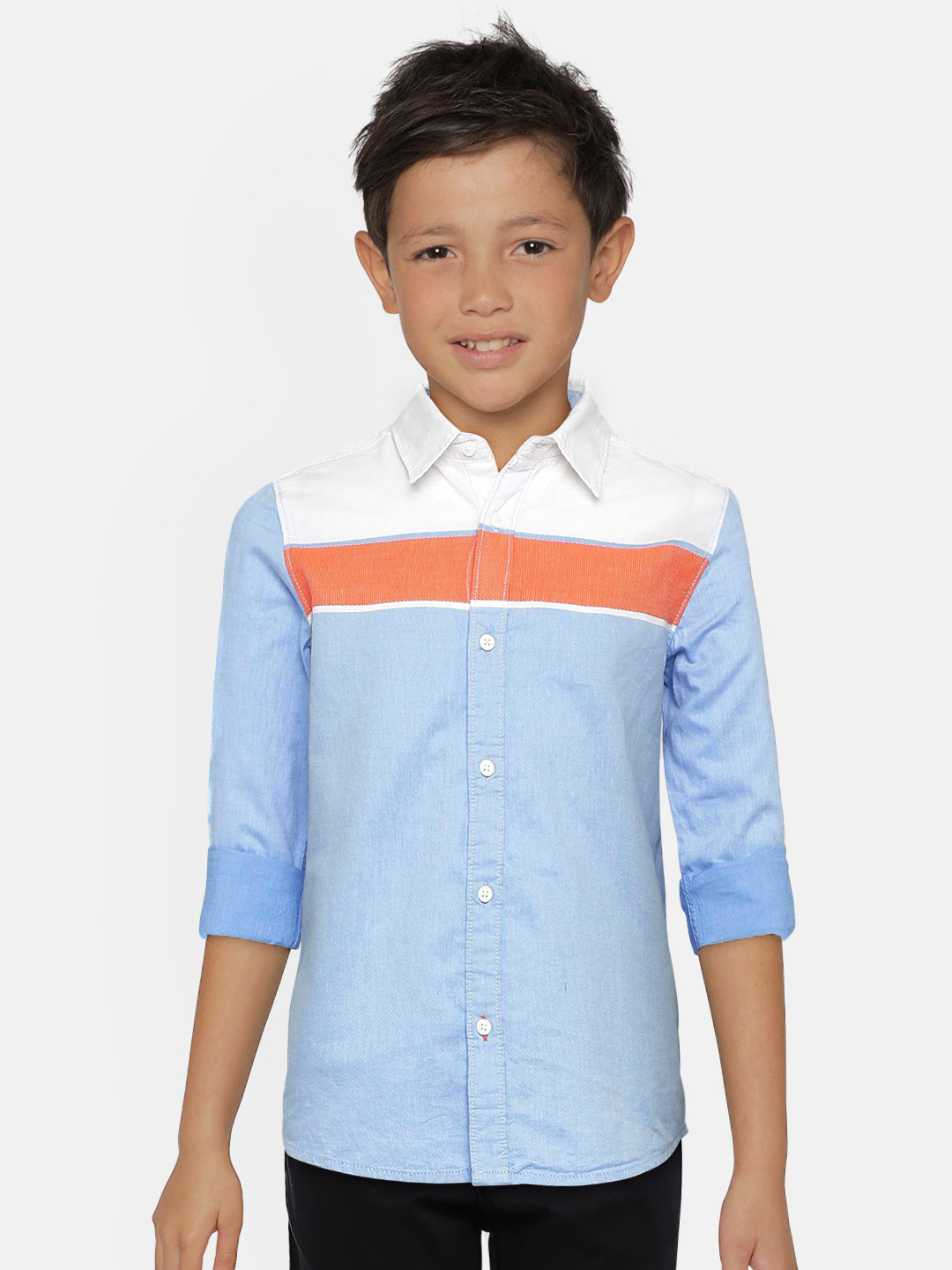 

Pepe Jeans Boys Blue & Peach-Coloured Regular Fit Colourblocked Casual Shirt