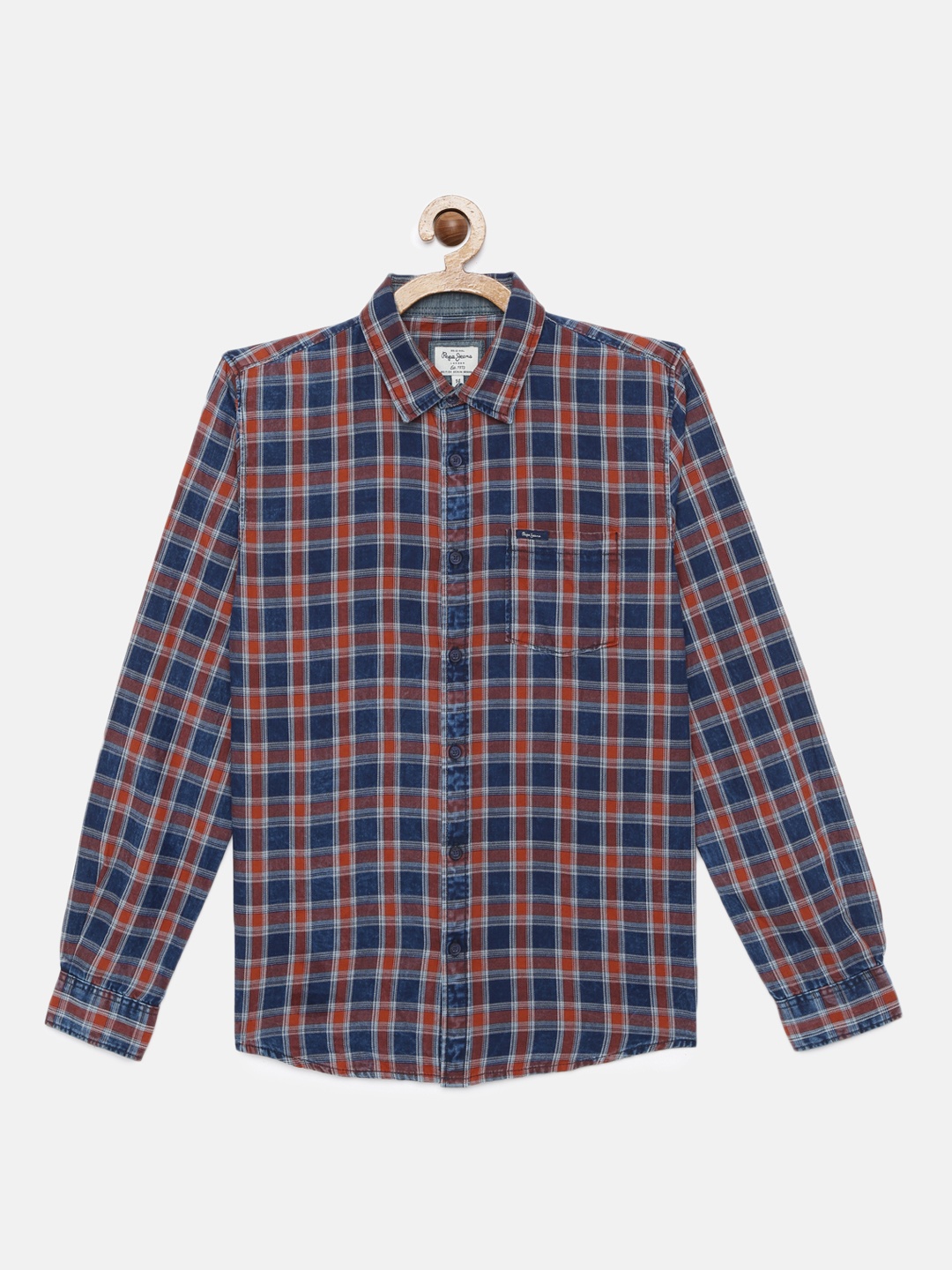 

Pepe Jeans Boys Navy Blue & Orange MARSHALL Pure Cotton Regular Fit Checked Casual Shirt