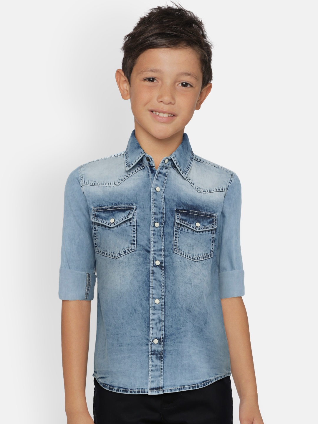 

Pepe Jeans Boys Navy Blue Faded Regular Fit Casual Chambray Shirt