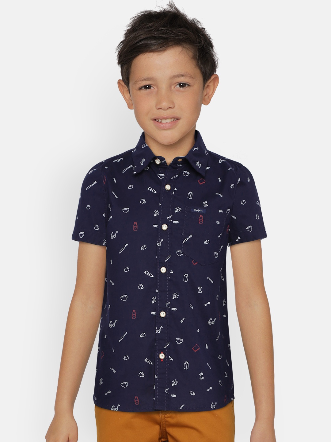 

Pepe Jeans Boys Navy Blue MAGNUS SS IP Regular Fit Printed Casual Shirt