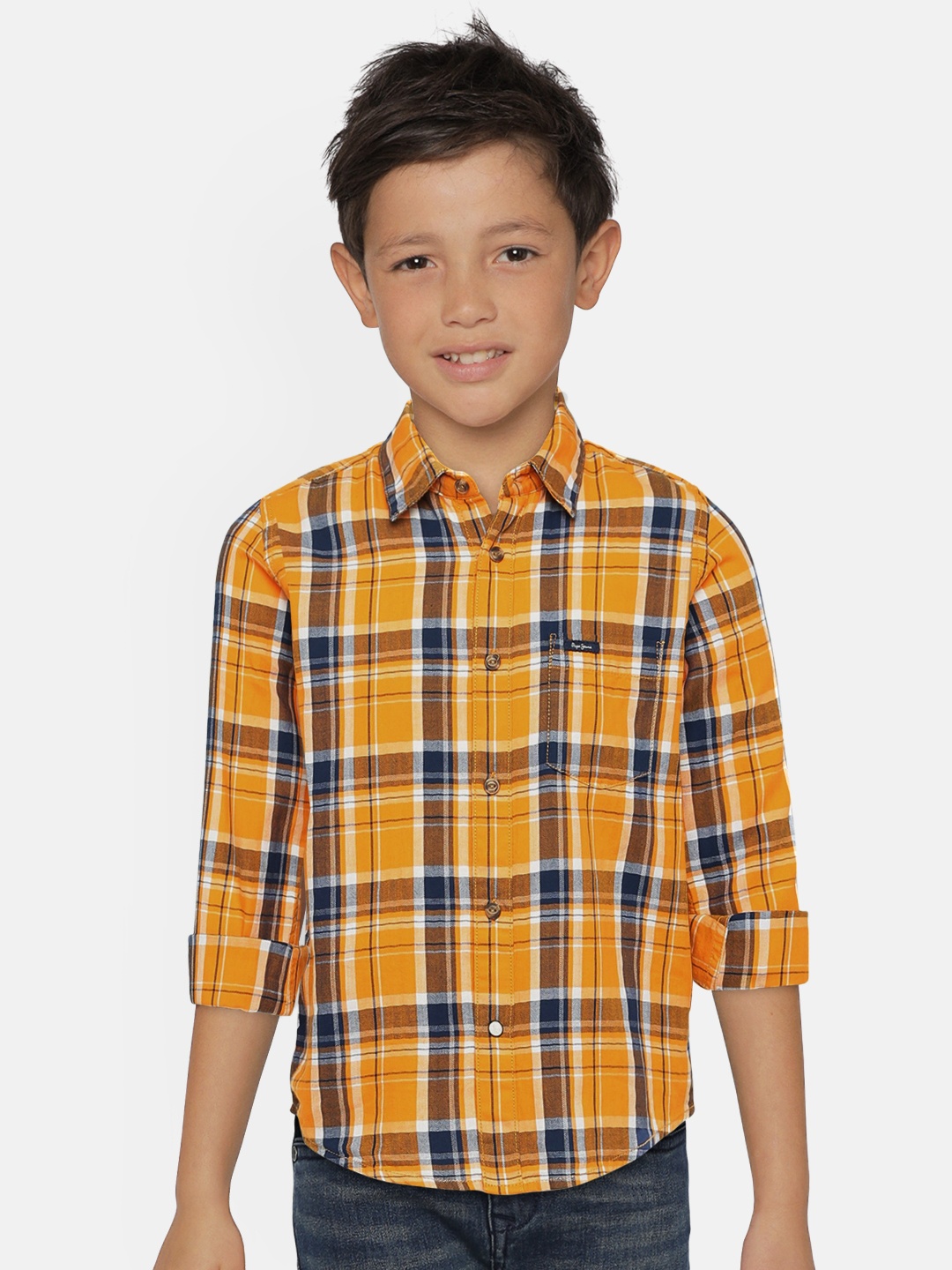 

Pepe Jeans Boys Mustard and Navy Blue Regular Fit Checked Casual Shirt