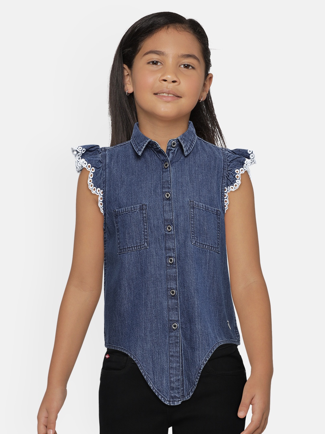 

Pepe Jeans Girls Navy Blue Solid Denim Shirt Style Top