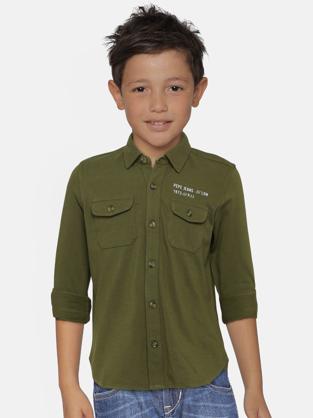 

Pepe Jeans Boys Olive Green Regular Fit Solid Casual Shirt