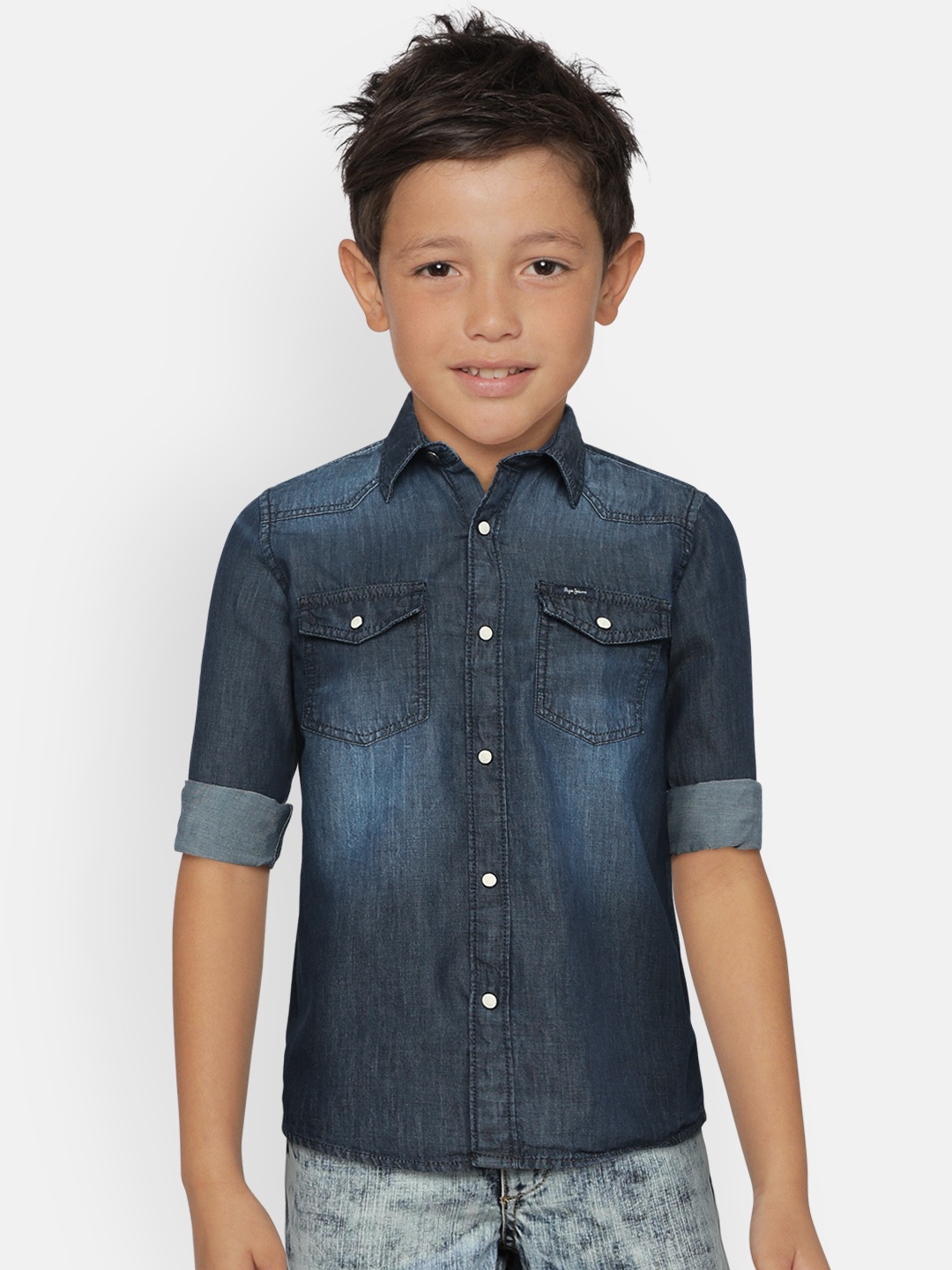 

Pepe Jeans Boys Navy Blue Regular Fit Washed KASON LS IP Chambray Casual Shirt