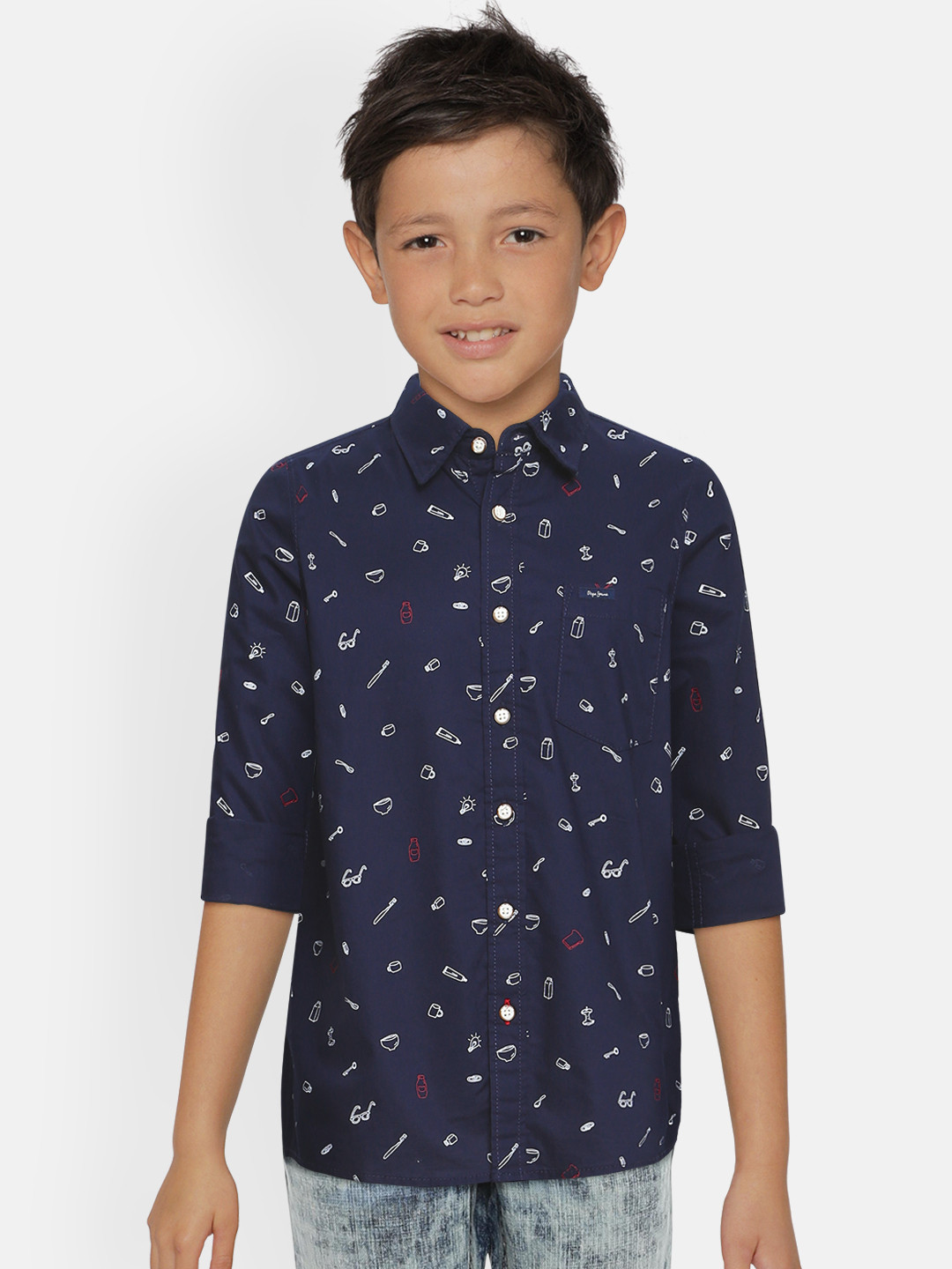 

Pepe Jeans Boys Navy Blue Regular Fit Printed Pure Cotton Casual Shirt