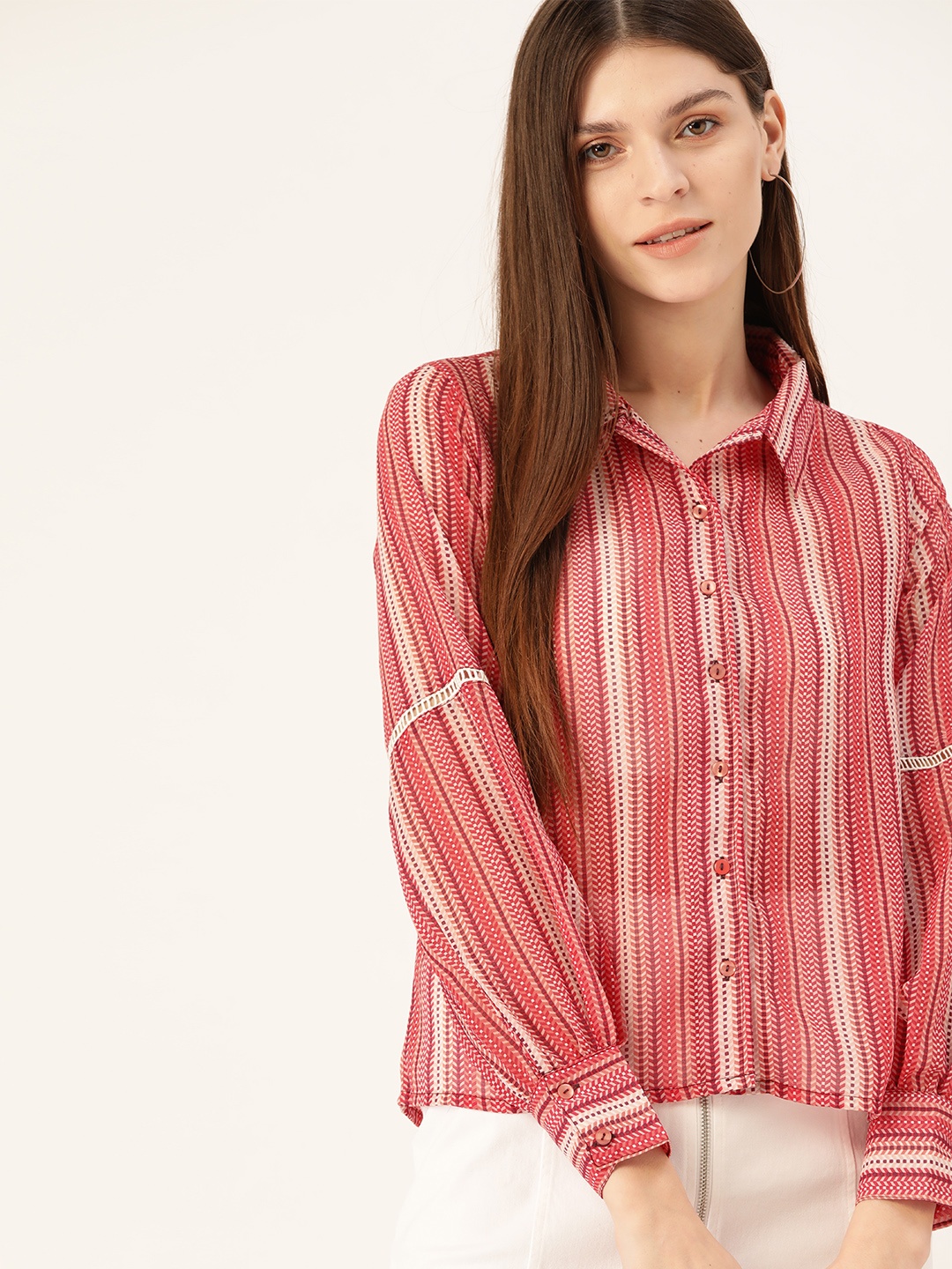 

DressBerry Women Red & Off-White Semi-Sheer Regular Fit Striped Casual Shirt