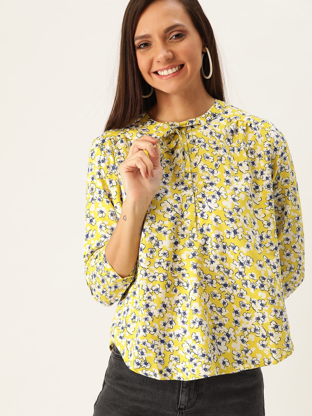 

DressBerry Women Green & Navy Blue Floral Print Top