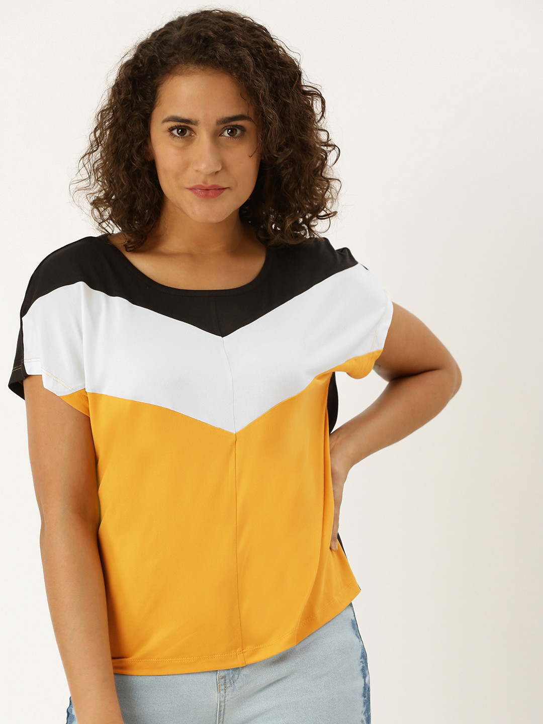 

DressBerry Women Mustard Yellow & White Colourblocked Pure Cotton Top
