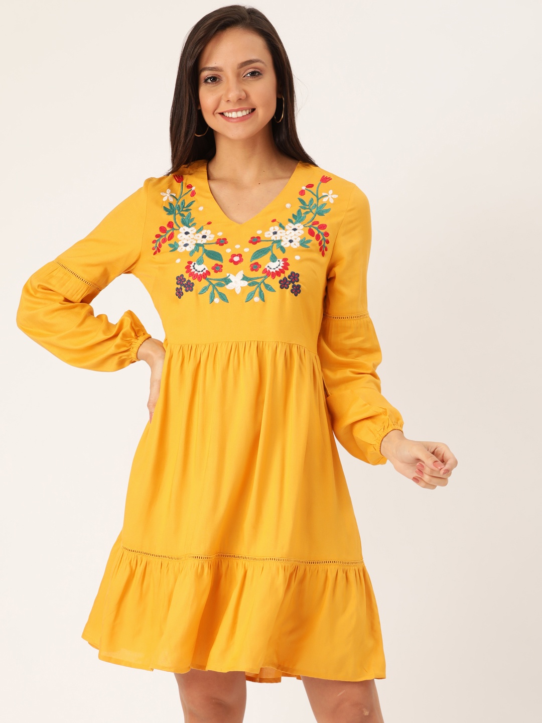 

DressBerry Mustard Yellow Embroidered Detail A-Line Sustainable ECOVERO Dress