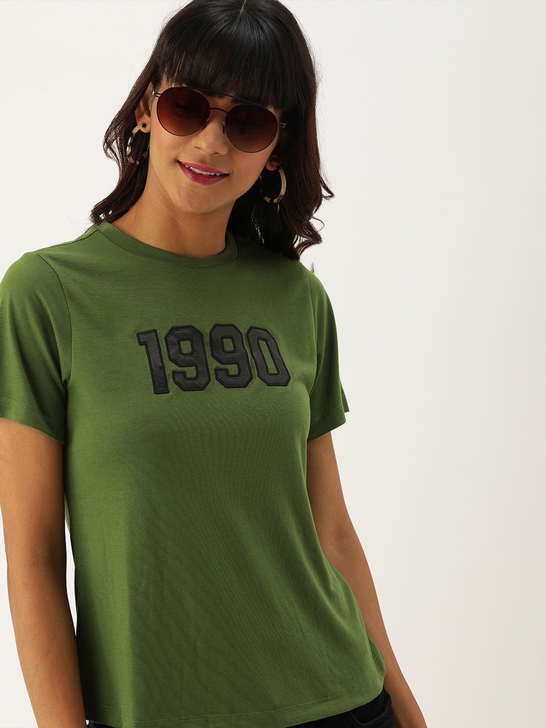 

DressBerry Women Olive Green Printed Round Neck T-shirt