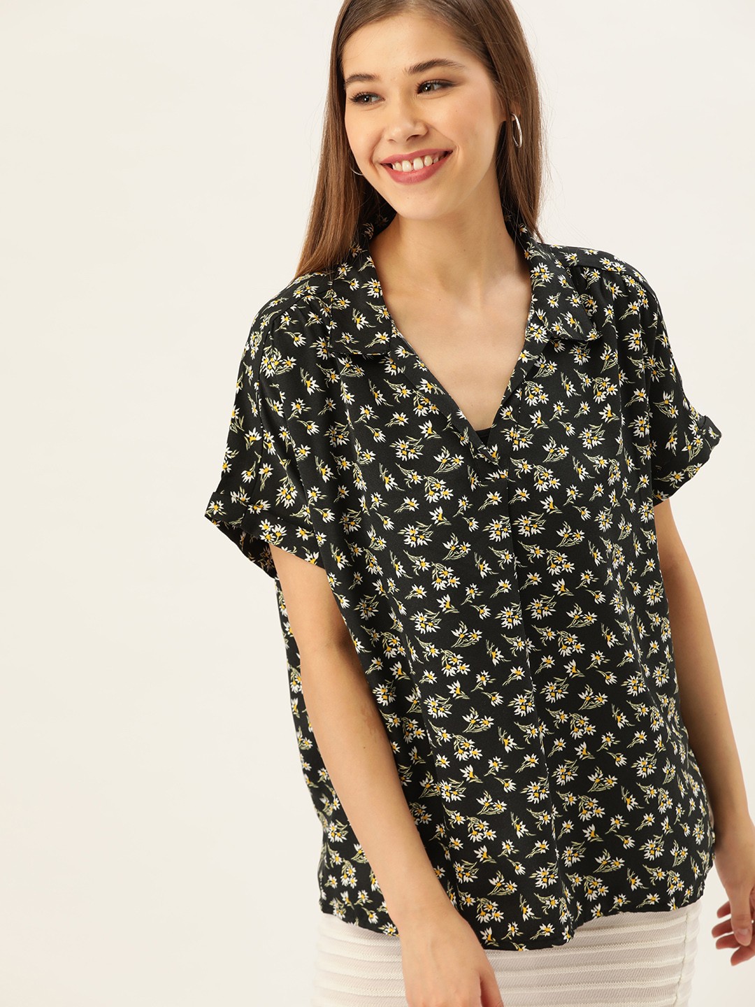 

DressBerry Women Black & White Floral Printed Shirt Style Top