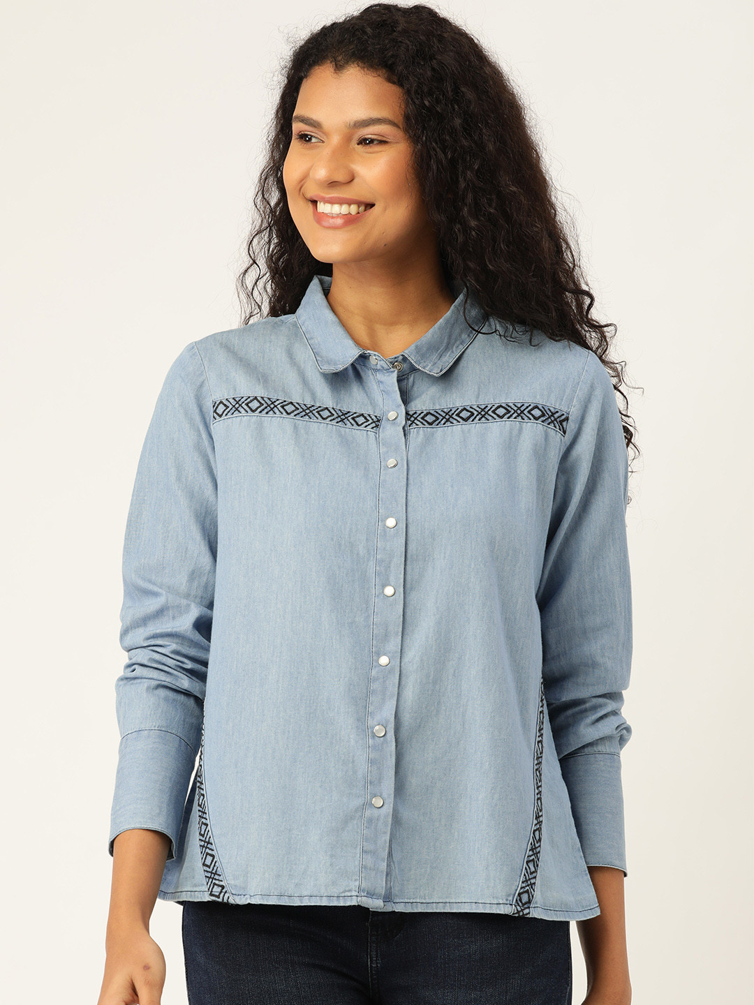 

DressBerry Women Blue Regular Fit Solid Chambray Casual Shirt