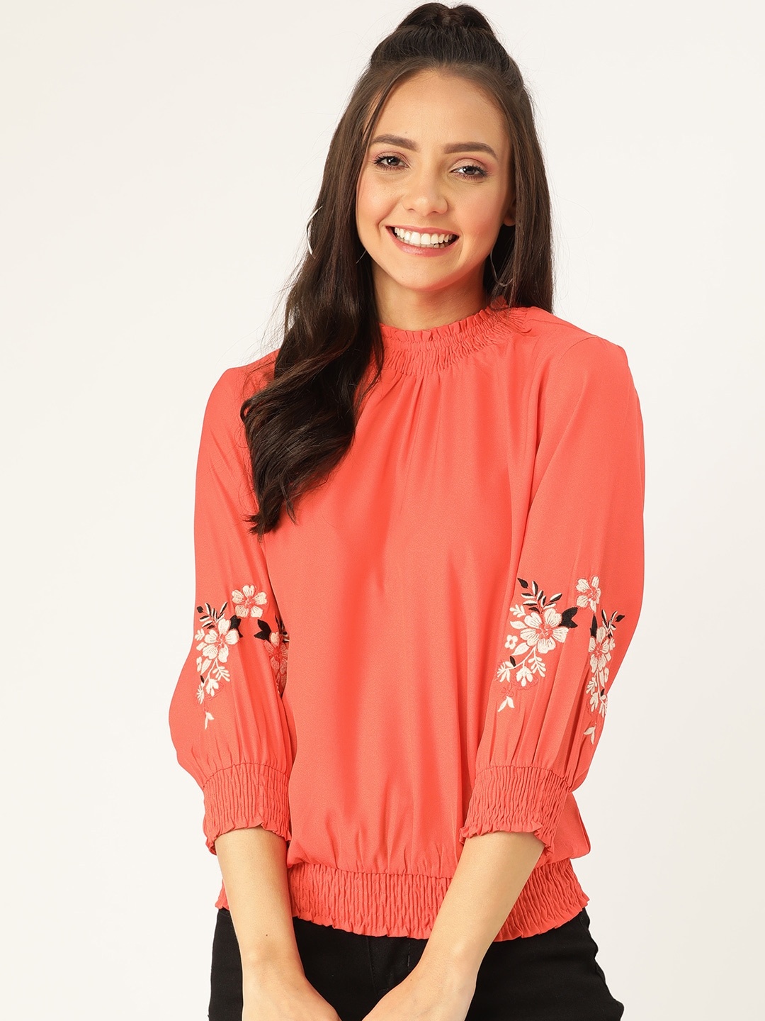 DressBerry Women Coral Red Solid Blouson Top