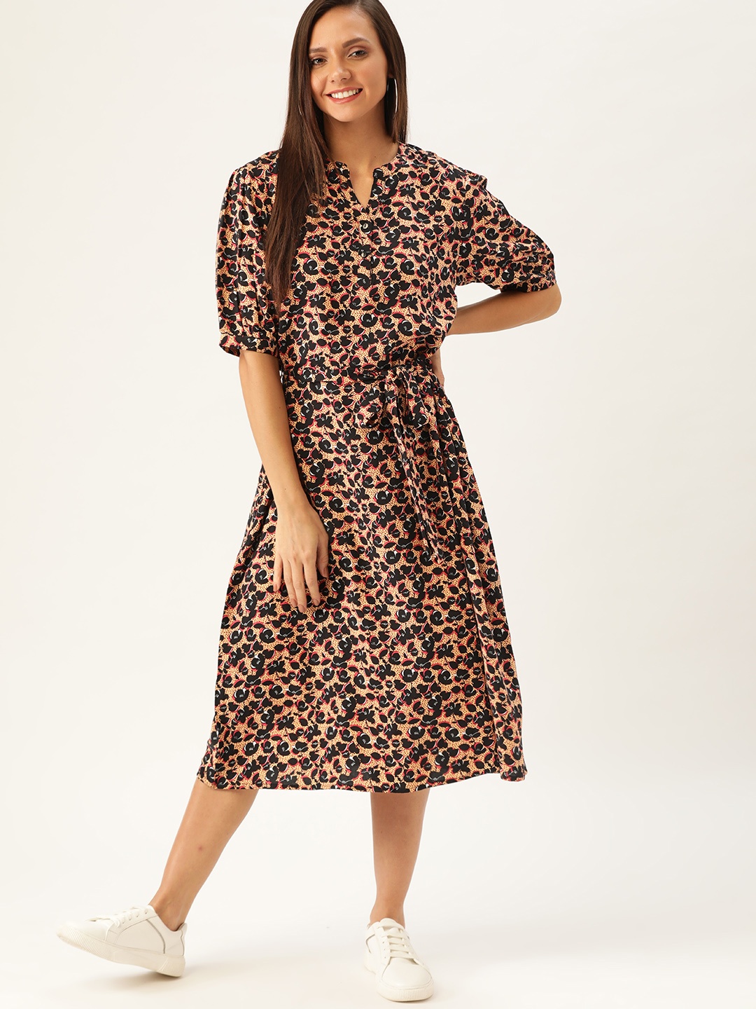 

DressBerry Beige & Black Floral Printed A-Line Sustainable Dress