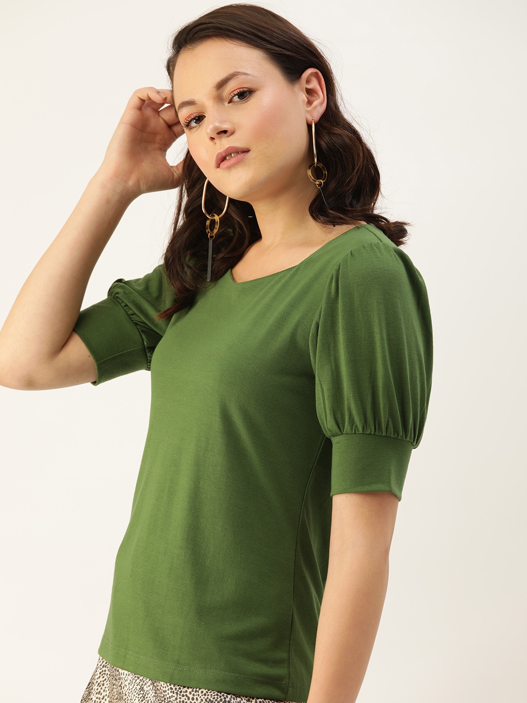 

DressBerry Women Olive Green Solid Knitted Regular Top With Puffed Sleeves