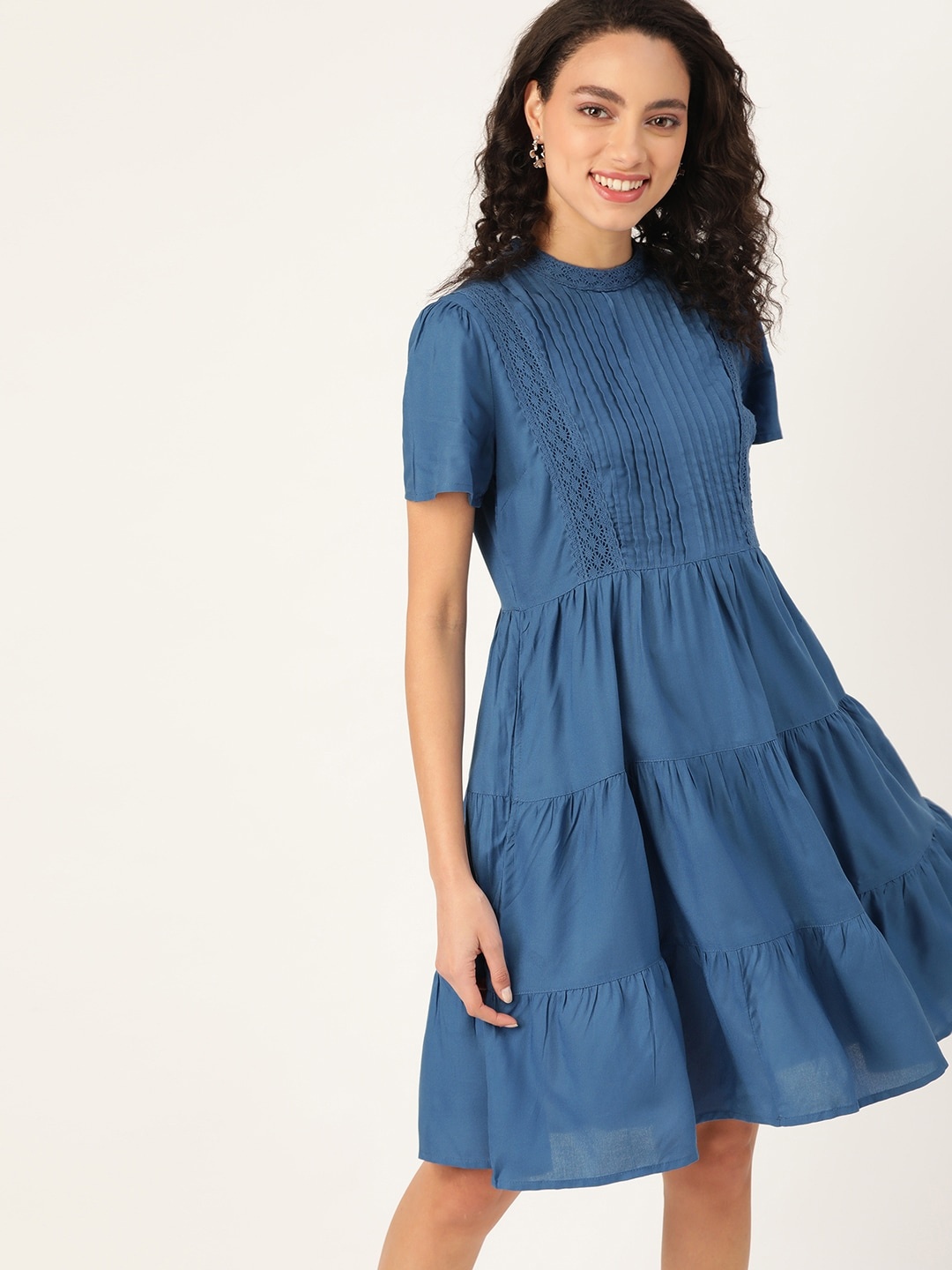 

DressBerry Women Blue Pintucks Detail Solid Tiered A-Line Sustainable ECOVERO Dress