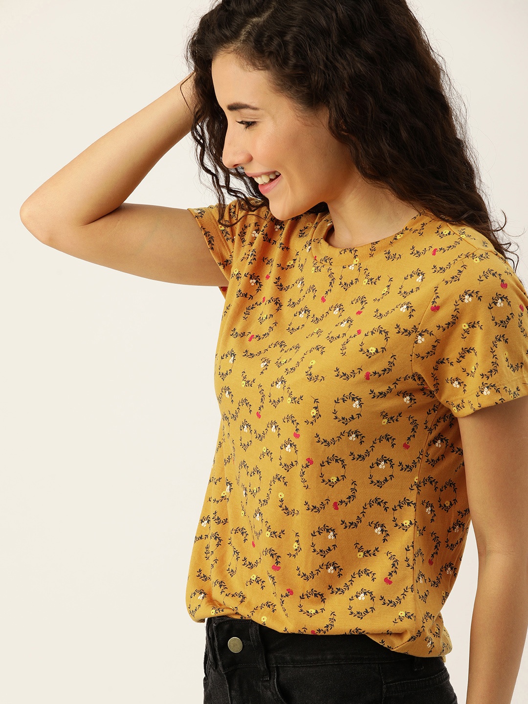 

DressBerry Women Mustard Yellow Floral Printed Round Neck T-shirt