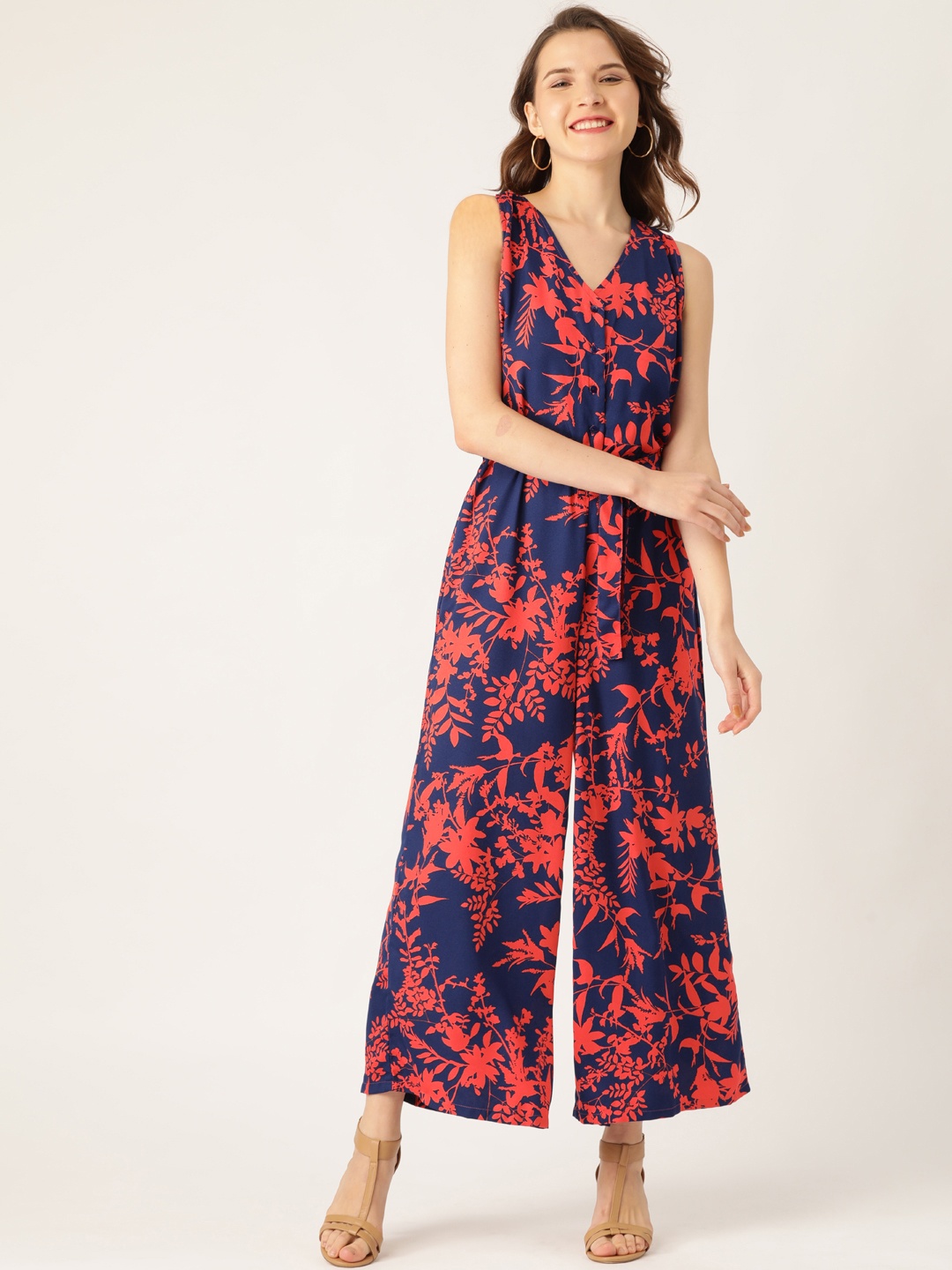 

DressBerry Women Navy Blue & Coral Orange Floral Print Basic Jumpsuit