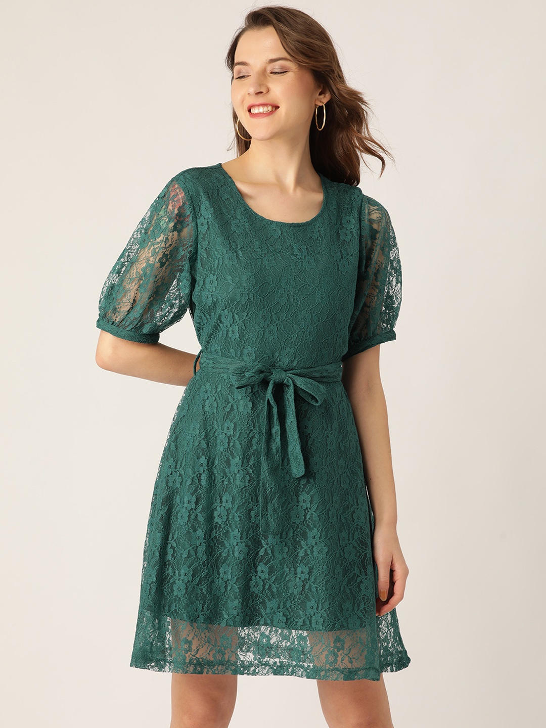 

DressBerry Women Teal Green Lace A-Line Dress
