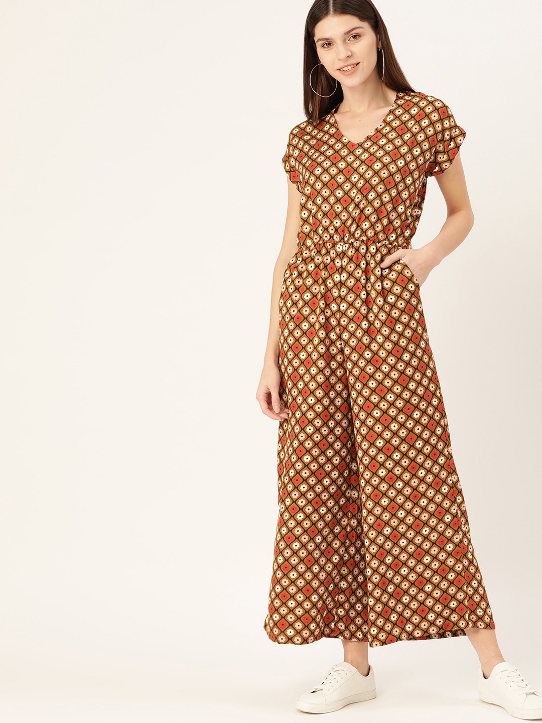 

DressBerry Women Olive Brown & Navy Blue Printed Basic Jumpsuit