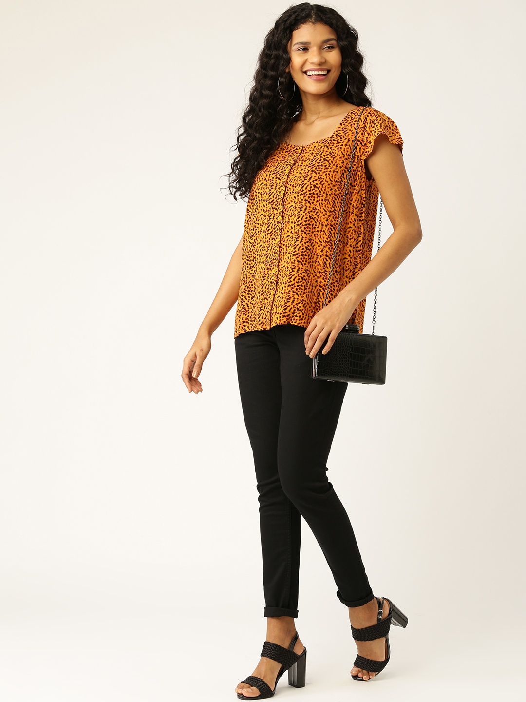 

DressBerry ECOVERO Women Mustard Yellow & Black Animal Printed Top