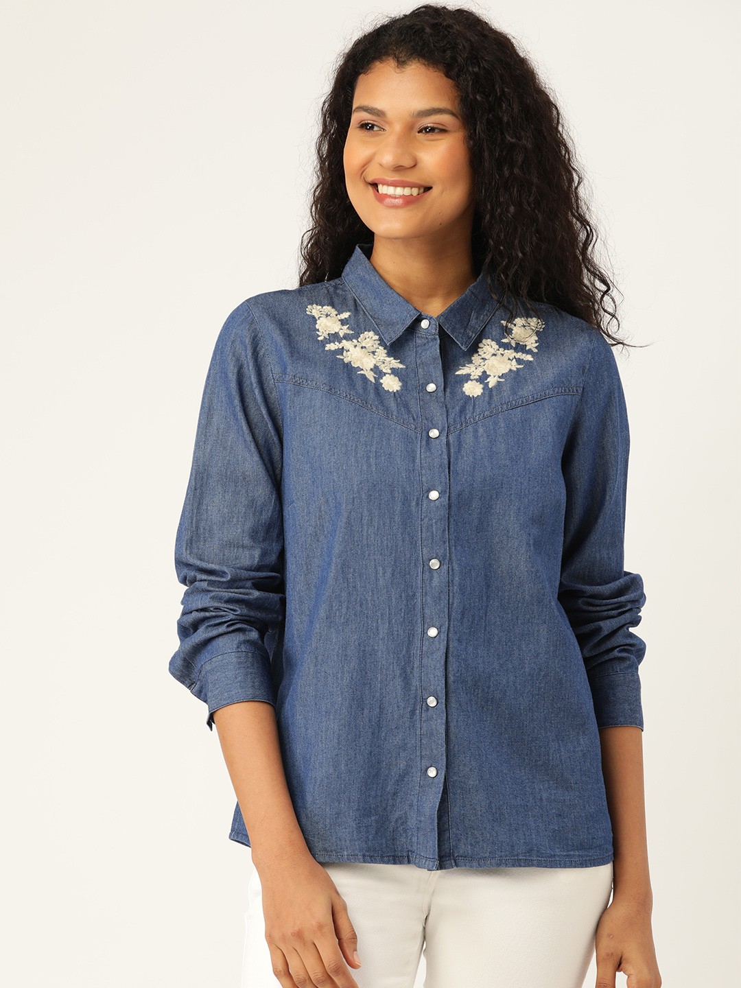 

DressBerry Women Blue Regular Fit Solid Chambray Casual Shirt