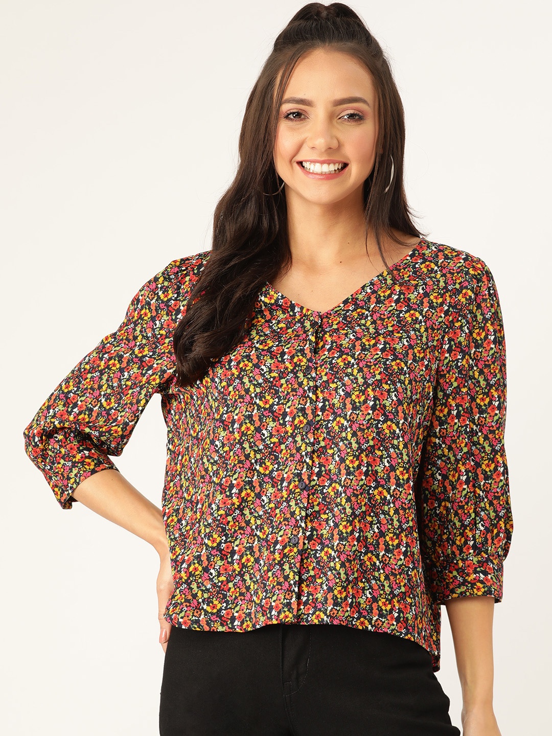 

DressBerry Women Navy & Pink Floral Print Top, Navy blue