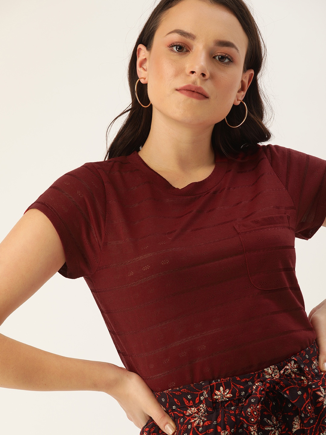 

DressBerry Women Maroon Striped Round Neck T-shirt
