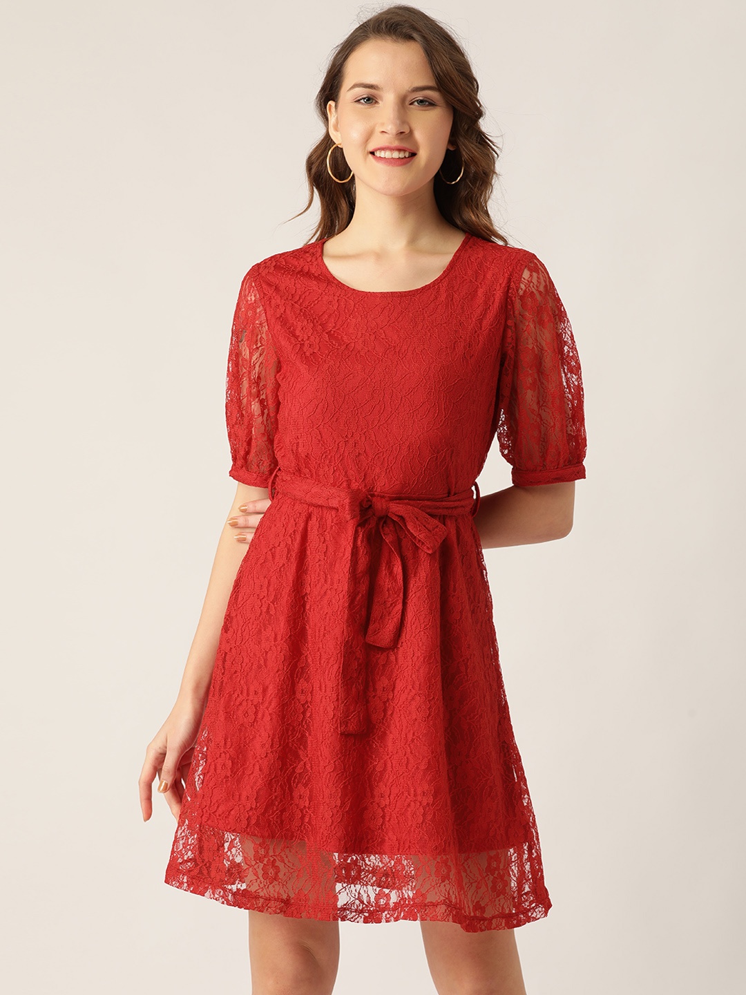 

DressBerry Women Red Lace A-Line Dress