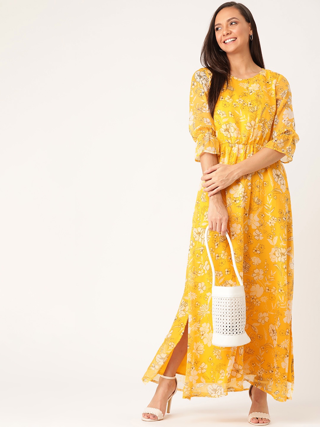 

DressBerry Women Yellow & Off-White Floral Printed Maxi Dress