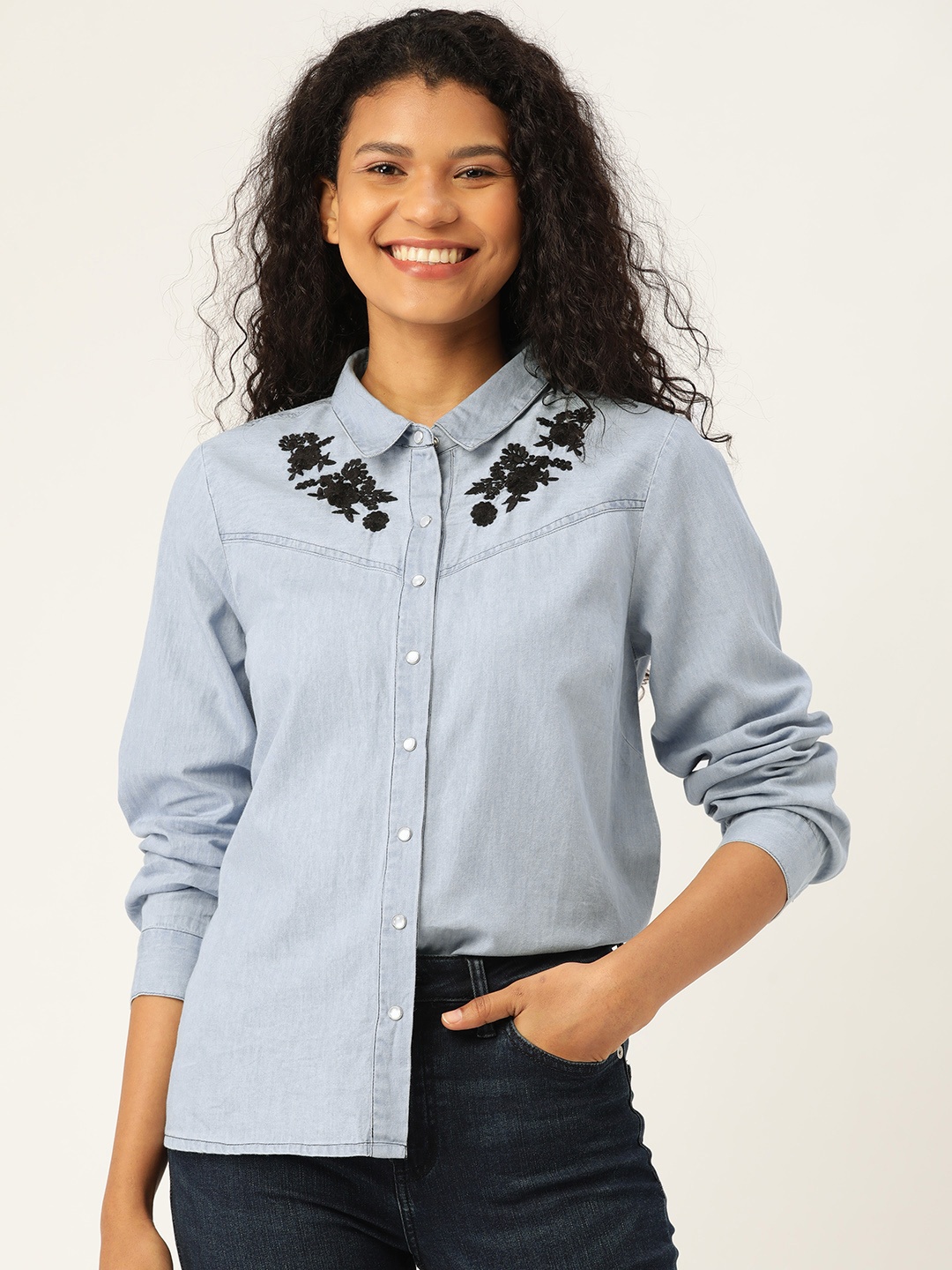 

DressBerry Women Blue Regular Fit Solid Chambray Casual Shirt