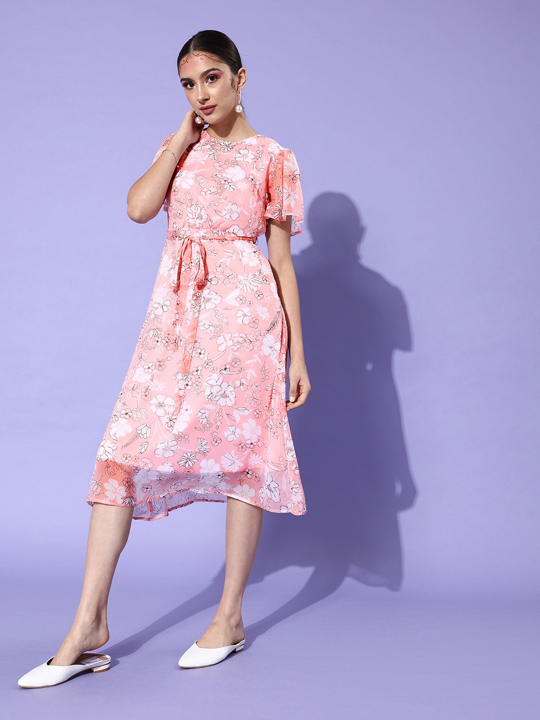 

DressBerry Pink & White Floral Printed A-Line Dress