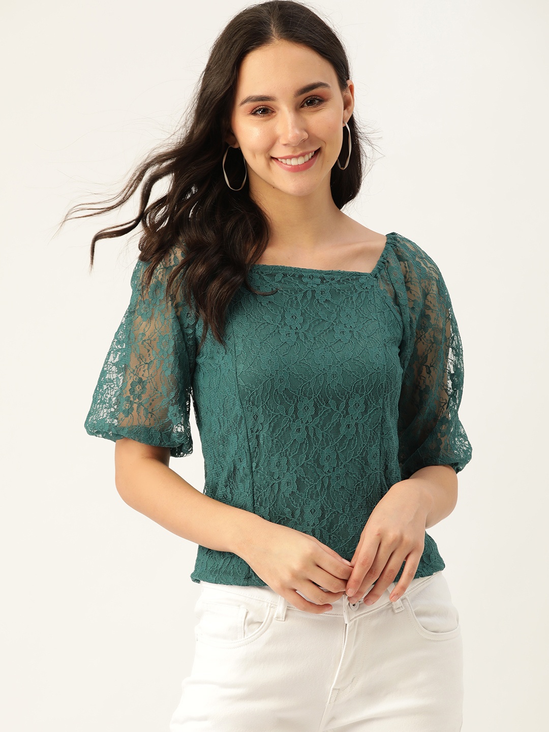 

DressBerry Women Green Floral Self-Design Smocked Lace Top