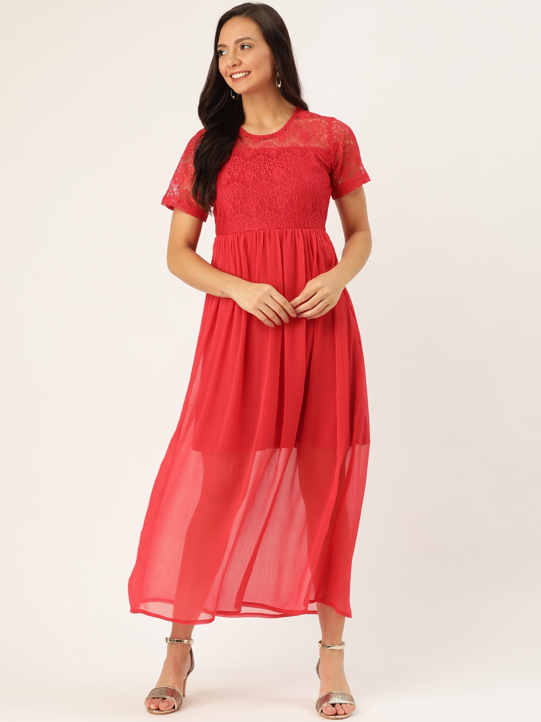 

DressBerry Women Red Semi Sheer Solid Maxi Dress with Lace Inserts Detail