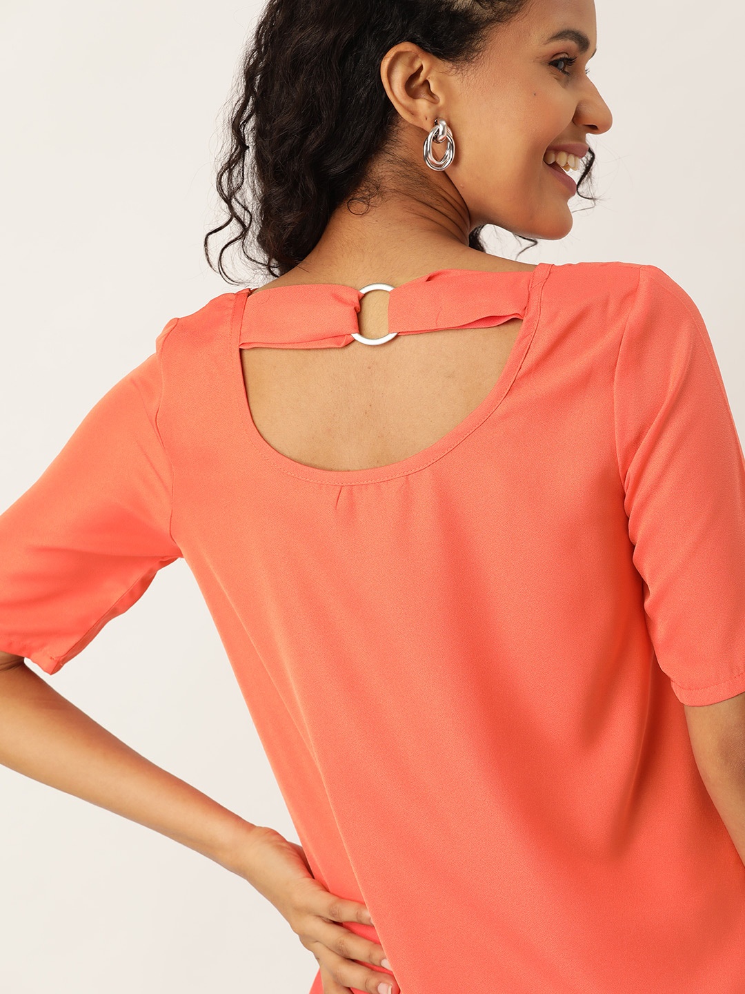 

DressBerry Women Coral Orange Solid Styled Back Top