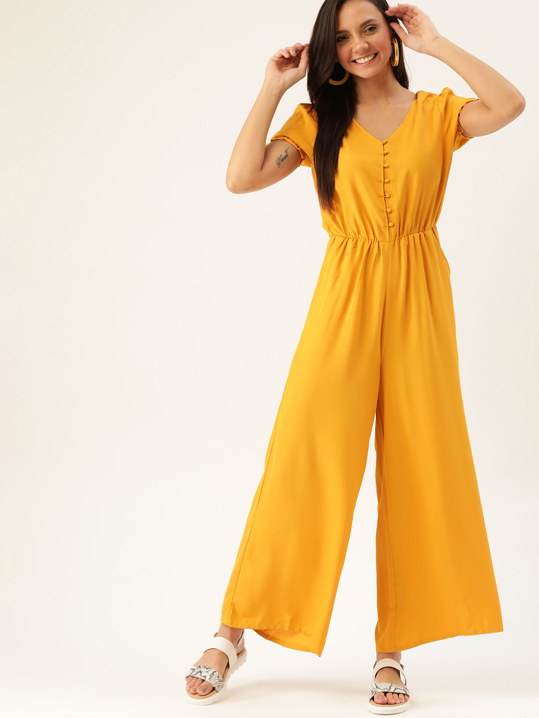 

DressBerry Women Mustard Yellow Solid Basic Jumpsuit