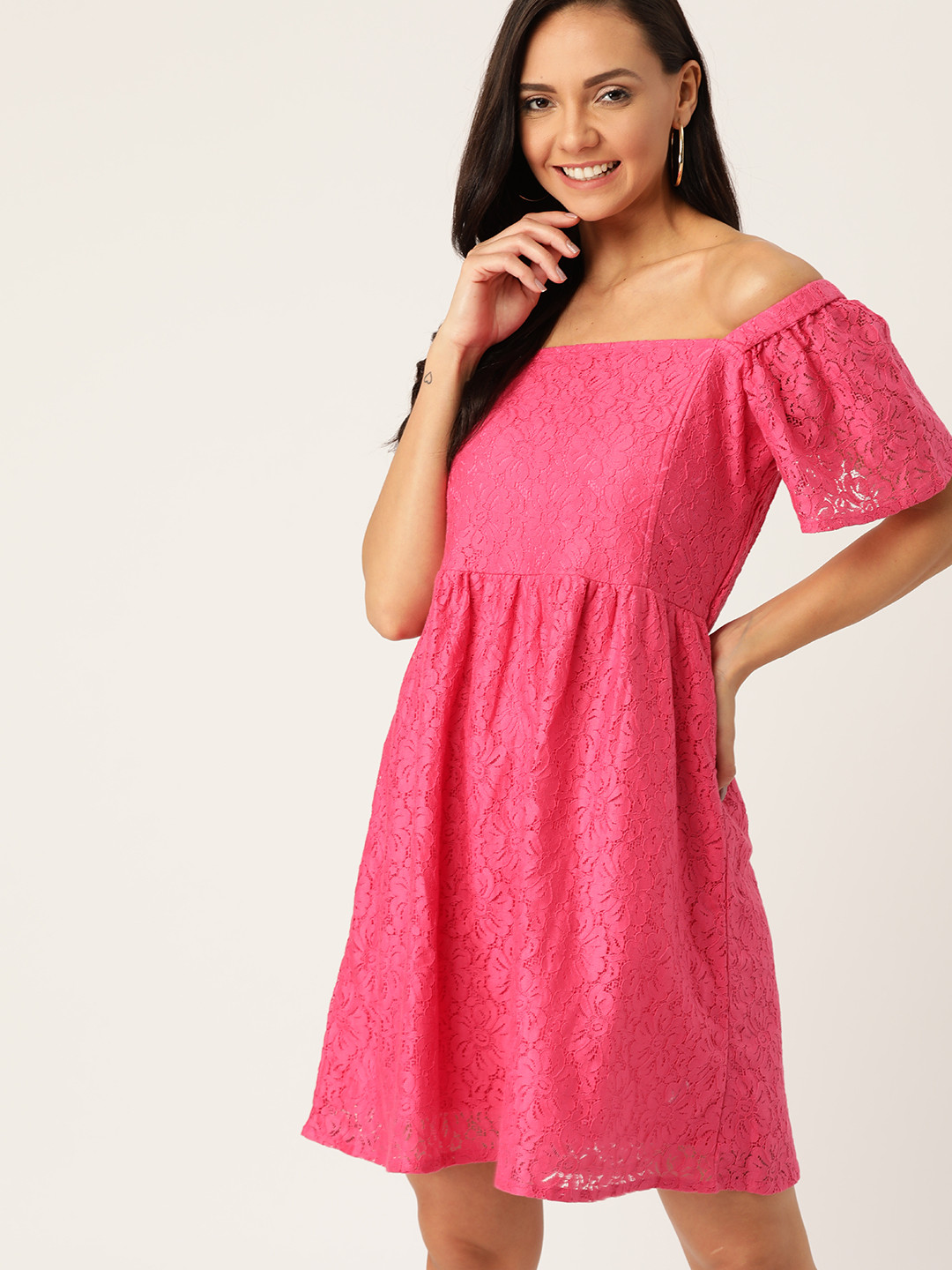 

DressBerry Women Pink Lace A-Line Dress