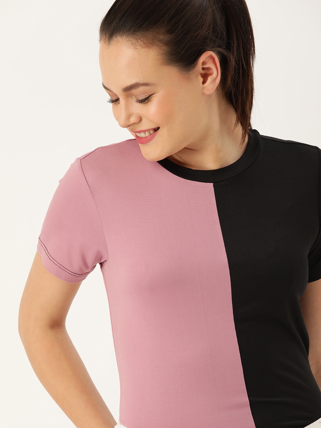 

DressBerry Women Pink & Black Colourblocked Round Neck T-shirt