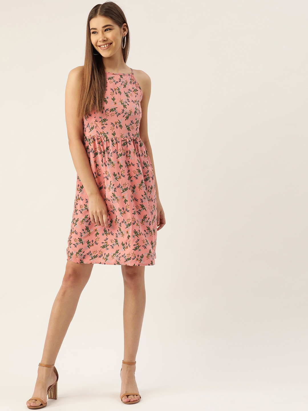

DressBerry Pink & Olive Green Floral Print A-Line Sustainable ECOVERO Dress