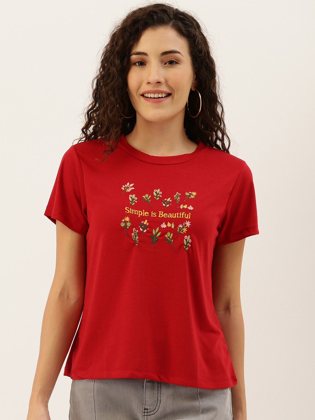 

DressBerry Women Red Printed Round Neck T-shirt