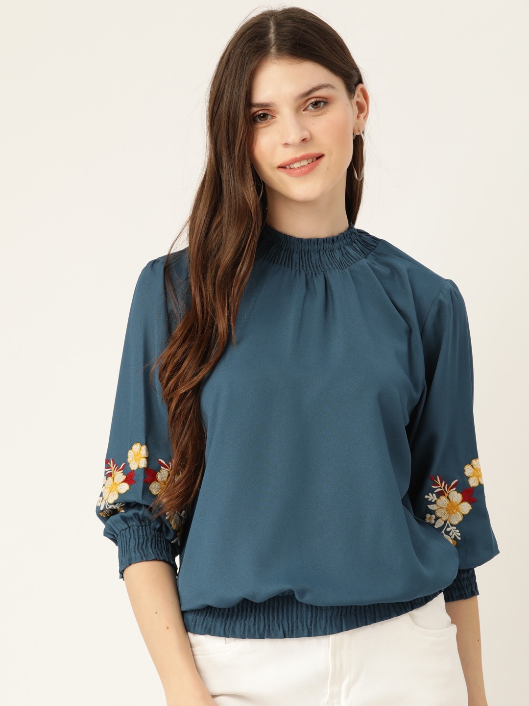 

DressBerry Teal Blue Smocked Detail Blouson Top